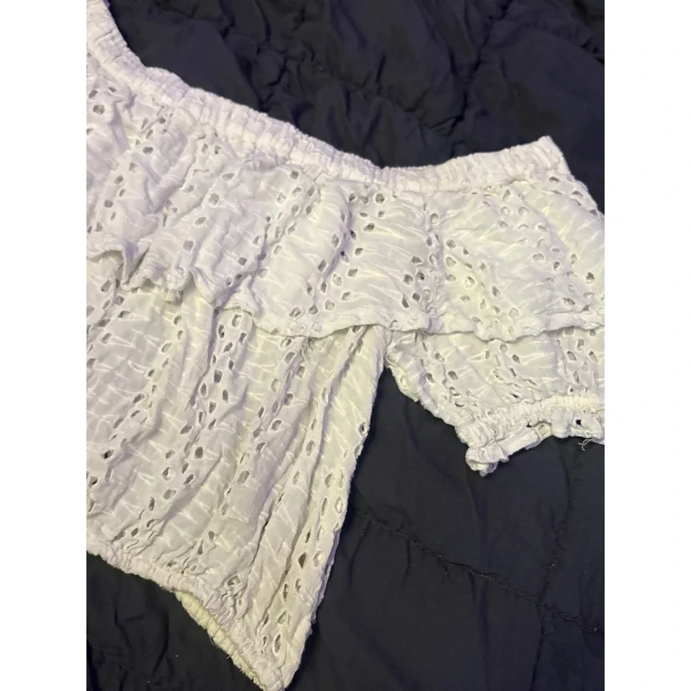 Free People Womens White Thrills + Frills‎ Eyelet Off Shoulder Crop Top Large